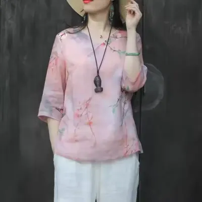  PINK FLORAL V-NECK SHIRT